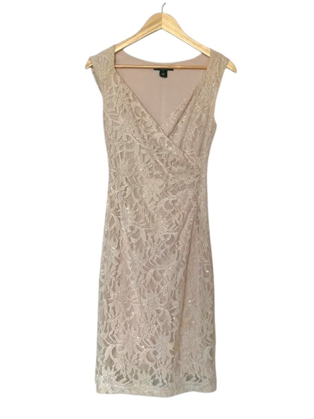 Ralph Lauren Beige Gold Lace Beaded Cocktail Dress Cap Sleeve, Faux Wrap - Sz 4